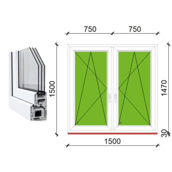 Schüco 150x150 bukó-nyíló kétszárnyú műanyag ablak